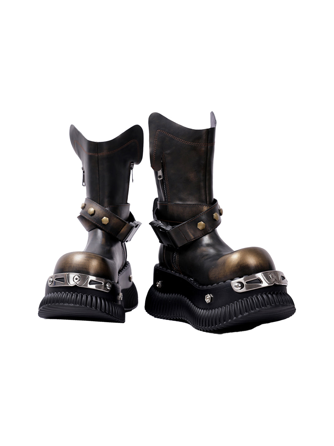 Black Punk Platform Ankle Boots with Round Toe