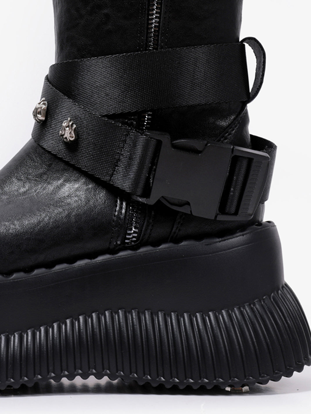 Black Punk Platform Ankle Boots with Metal Strap Detail