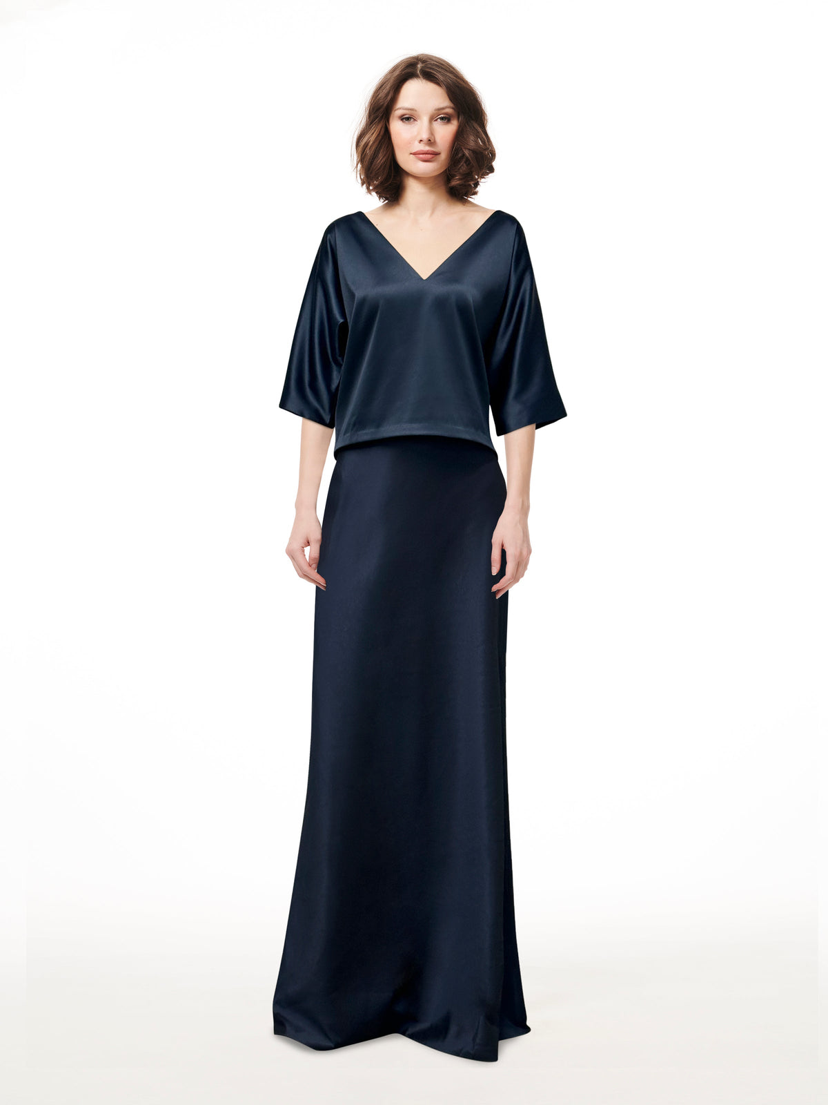 Stretch Satin Bias Long A-Line Skirt Navy