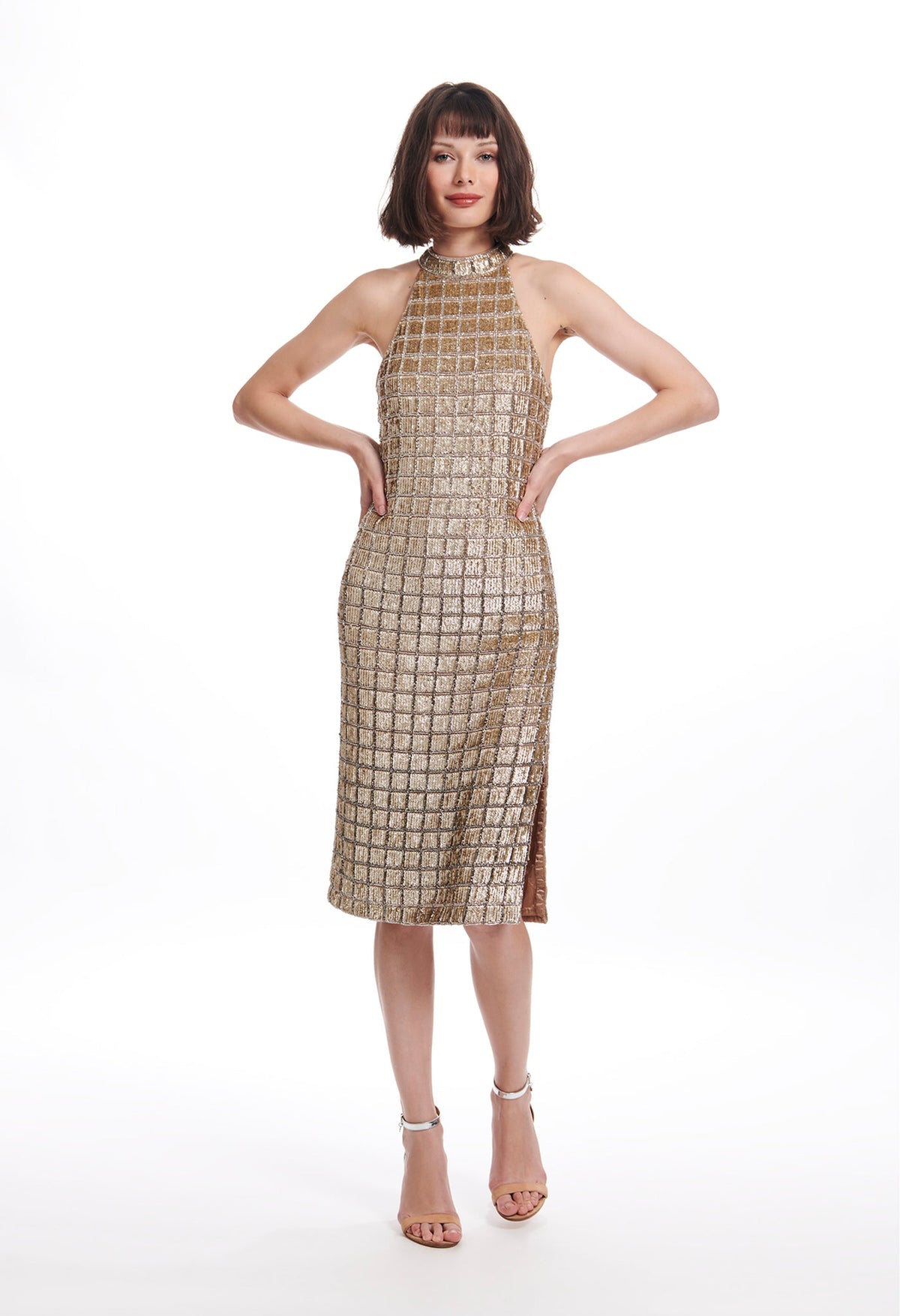 Windowpane Sequin Mock-Neck Dress Blush