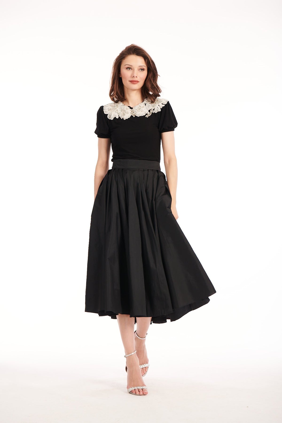 Tea Length Pleated Soft Taffeta Midi Skirt Black