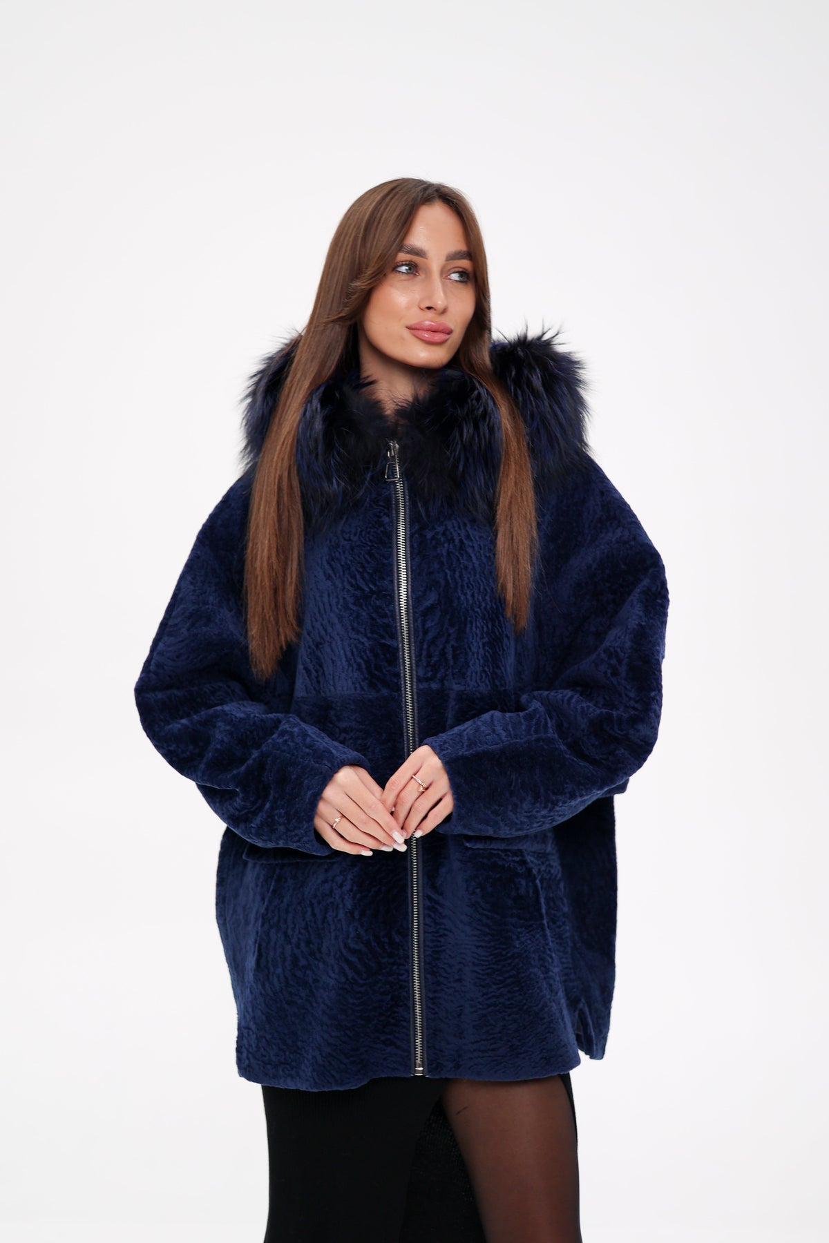 Genuine Shearling Silver Fox Trim Jacket