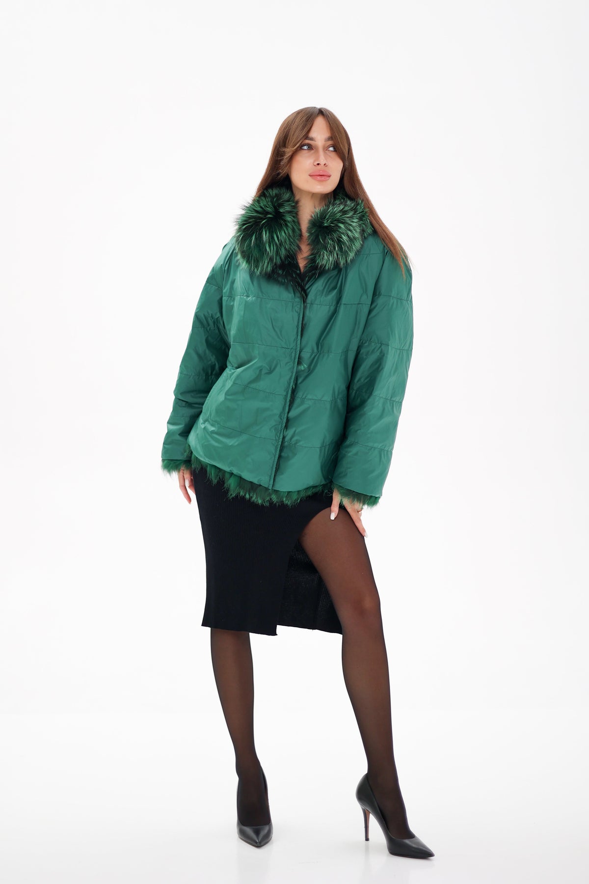 Reversible Genuine Silver Fox Down Fill Coat in Emerald
