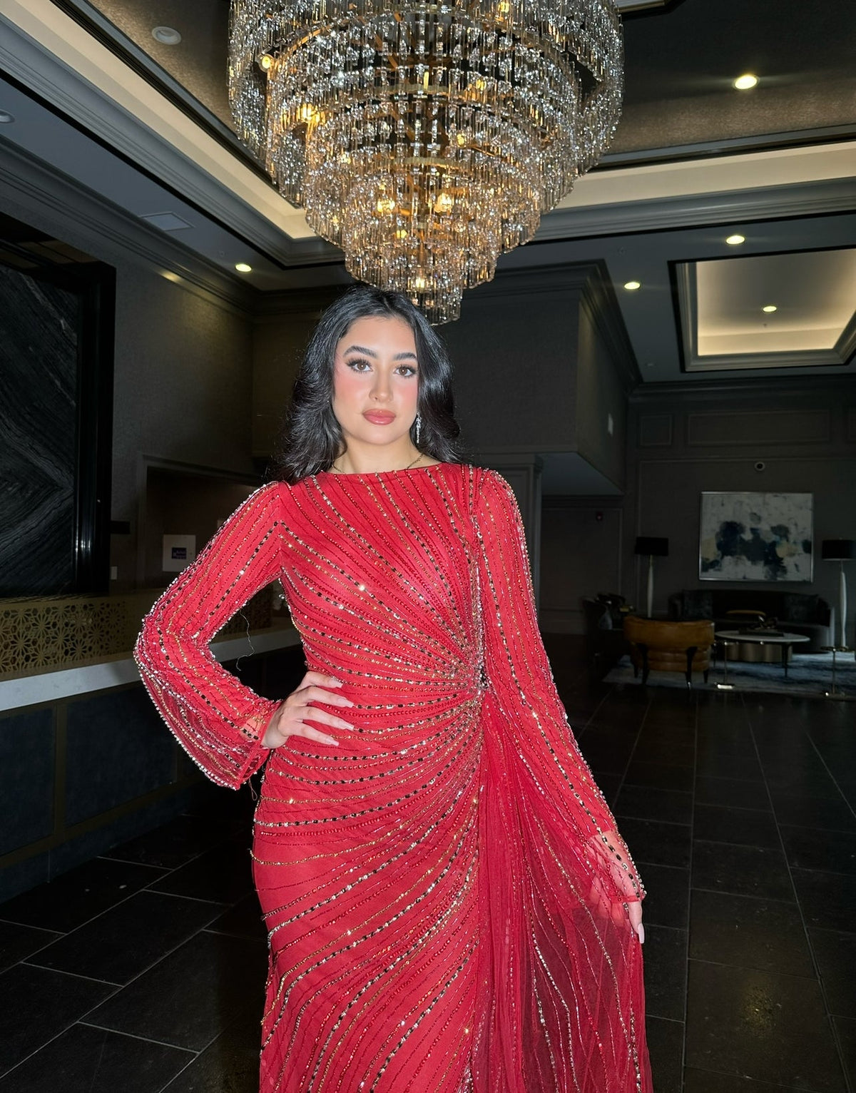 Abira Sequin Modest Neckline Long Sleeve Embellished Dress With Side Skirt