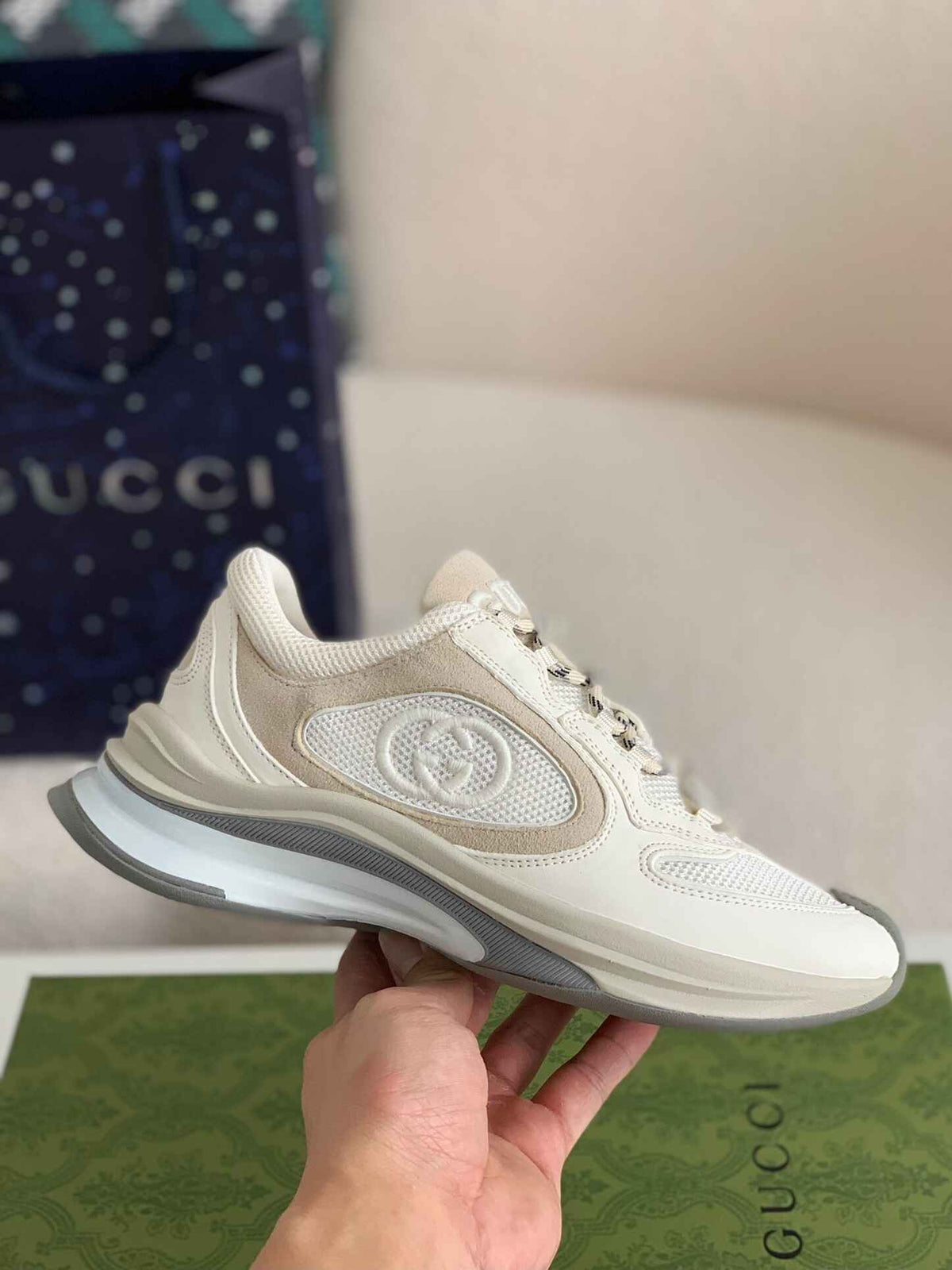 Gucci Men's Runner Sneaker – White & Grey Mesh Leath CUSTOM