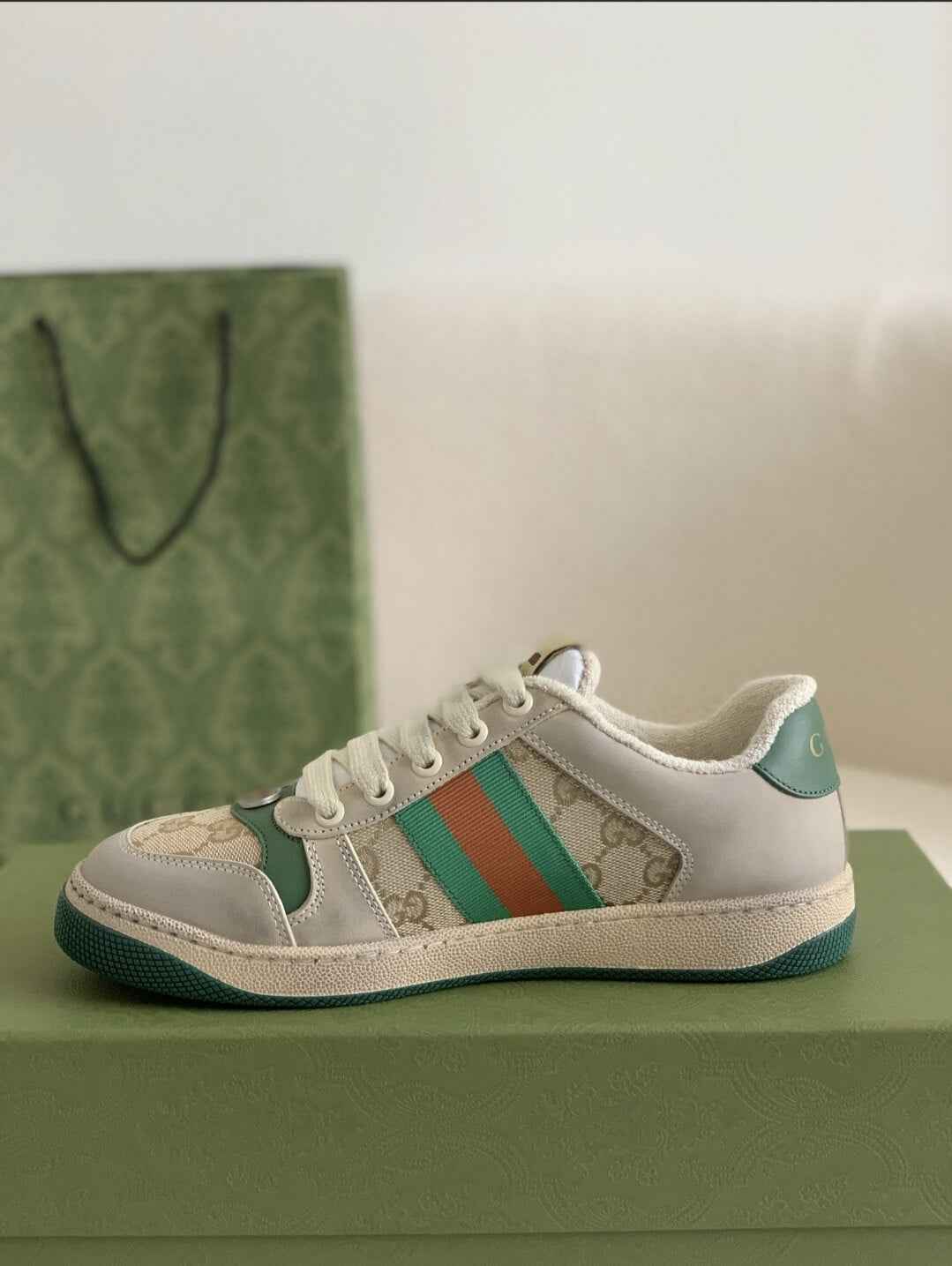 Gucci Screener Sneaker – Beige & Grey Leather with Green/Orange Web