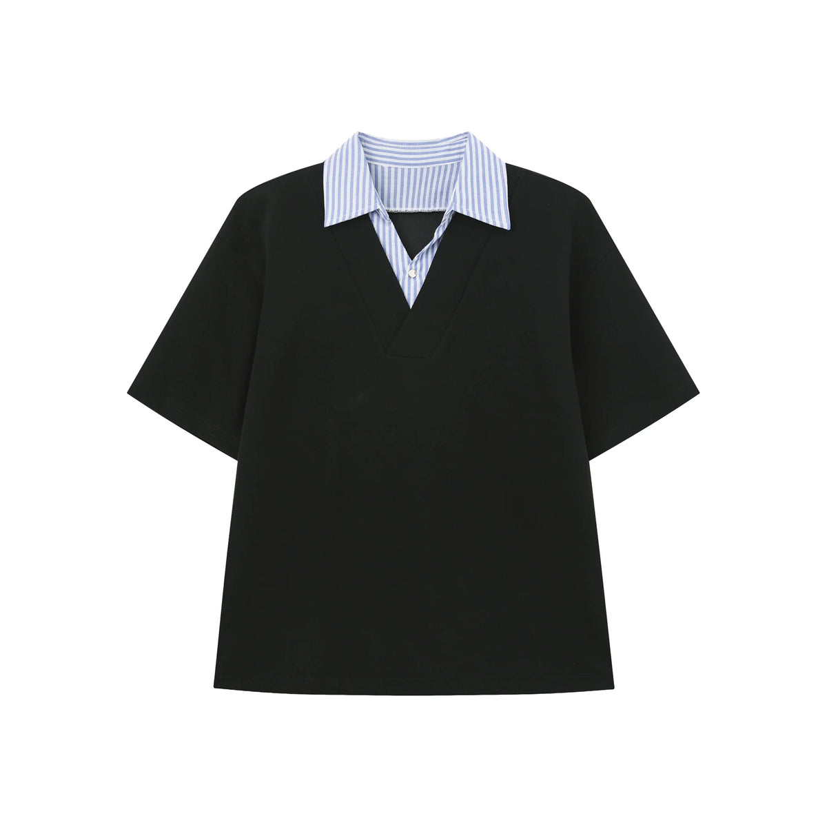 T-shirt with Faux Layered Blue Striped Shirt Collar and Placket