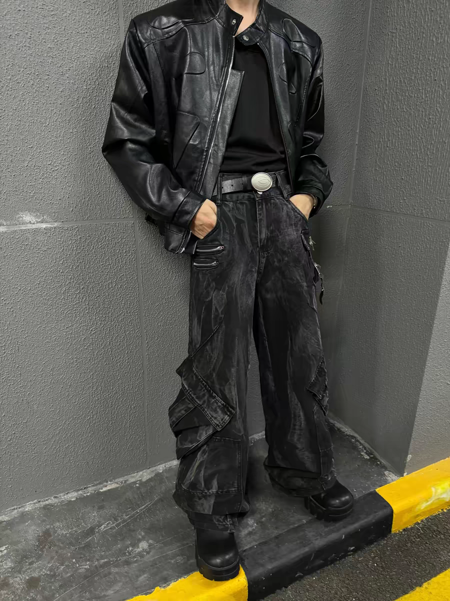 Black Acid Wash Cargo Jeans
