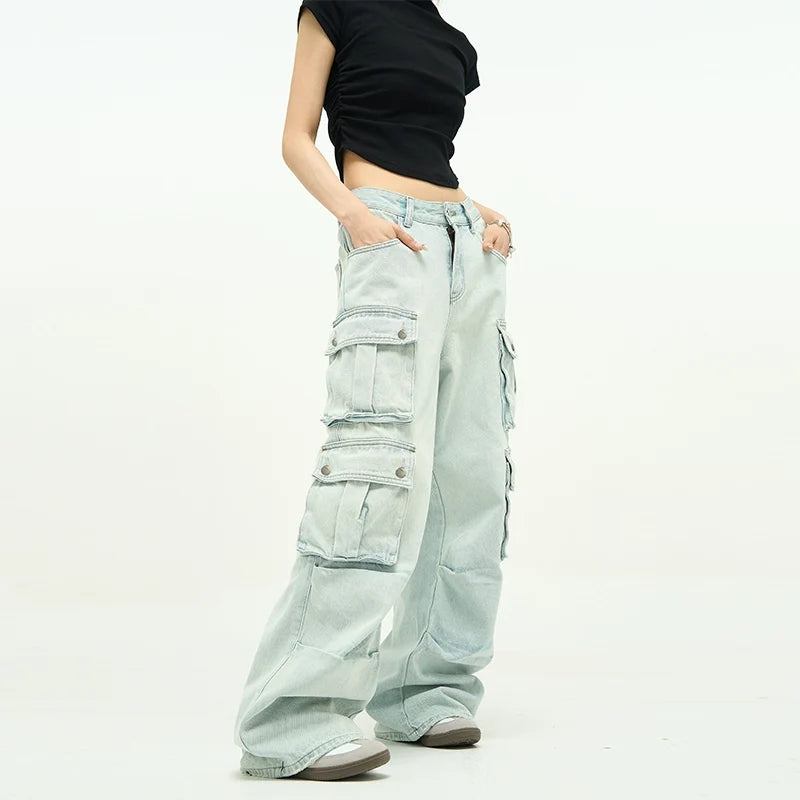 Light Wash Baggy Cargo Jeans with Multiple Flap Pockets