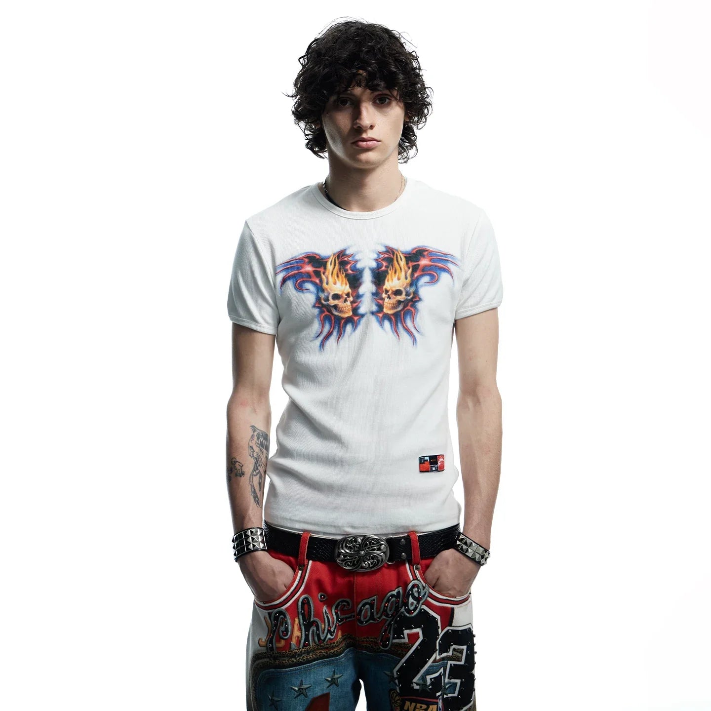 Flaming Skull Graphic Fitted Baby Tee