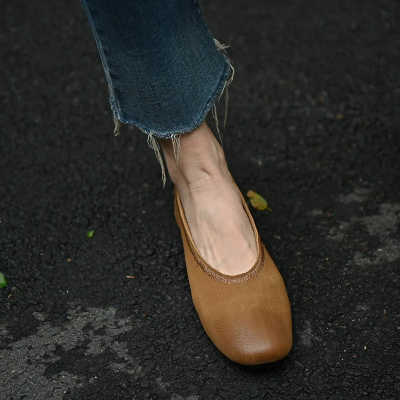 Brown Textured Leather Ballet Flat - Skipkicks