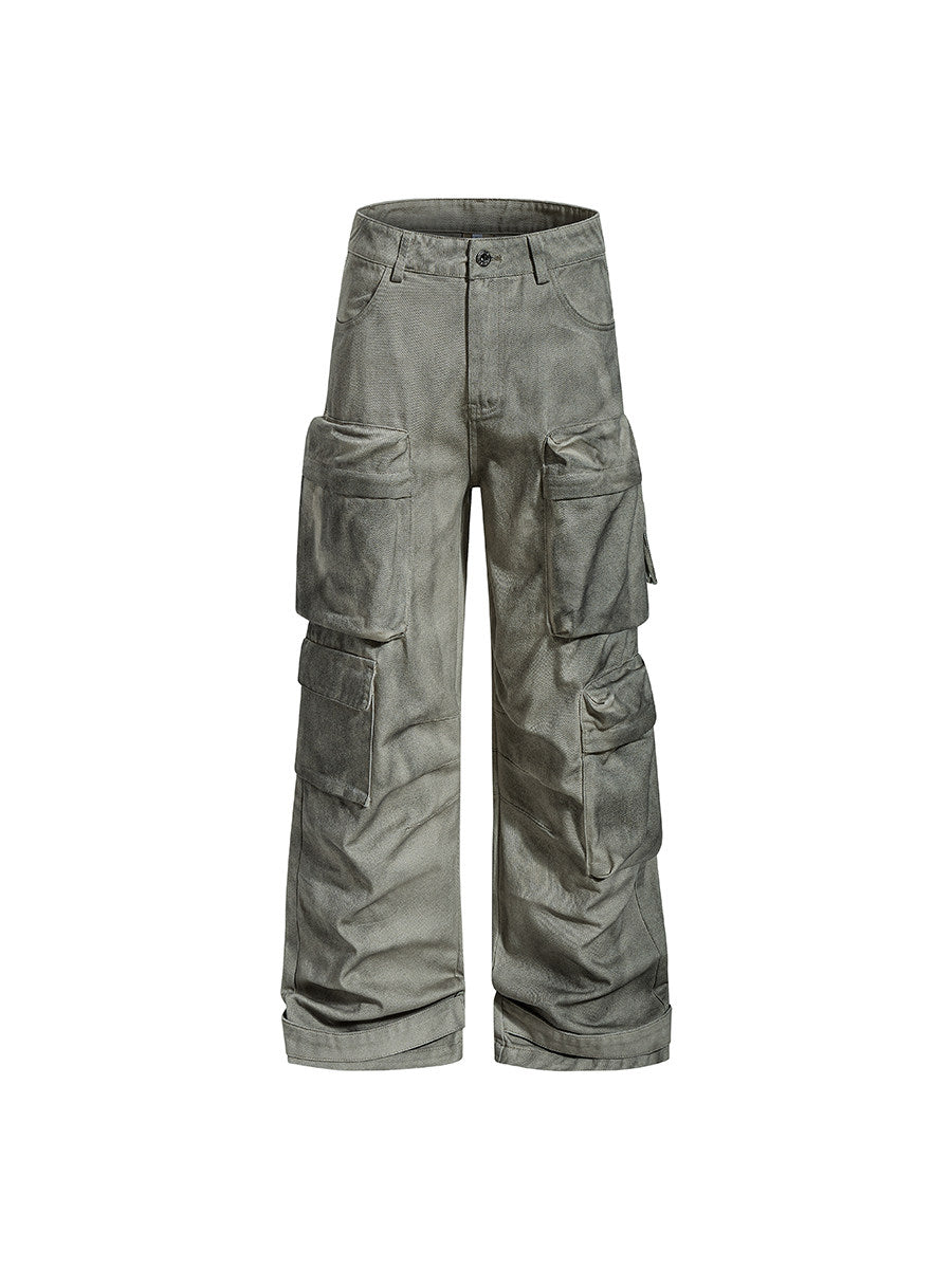 Men's Washed Multi-Pocket Wide-Leg Cargo Pants for Effortless Style