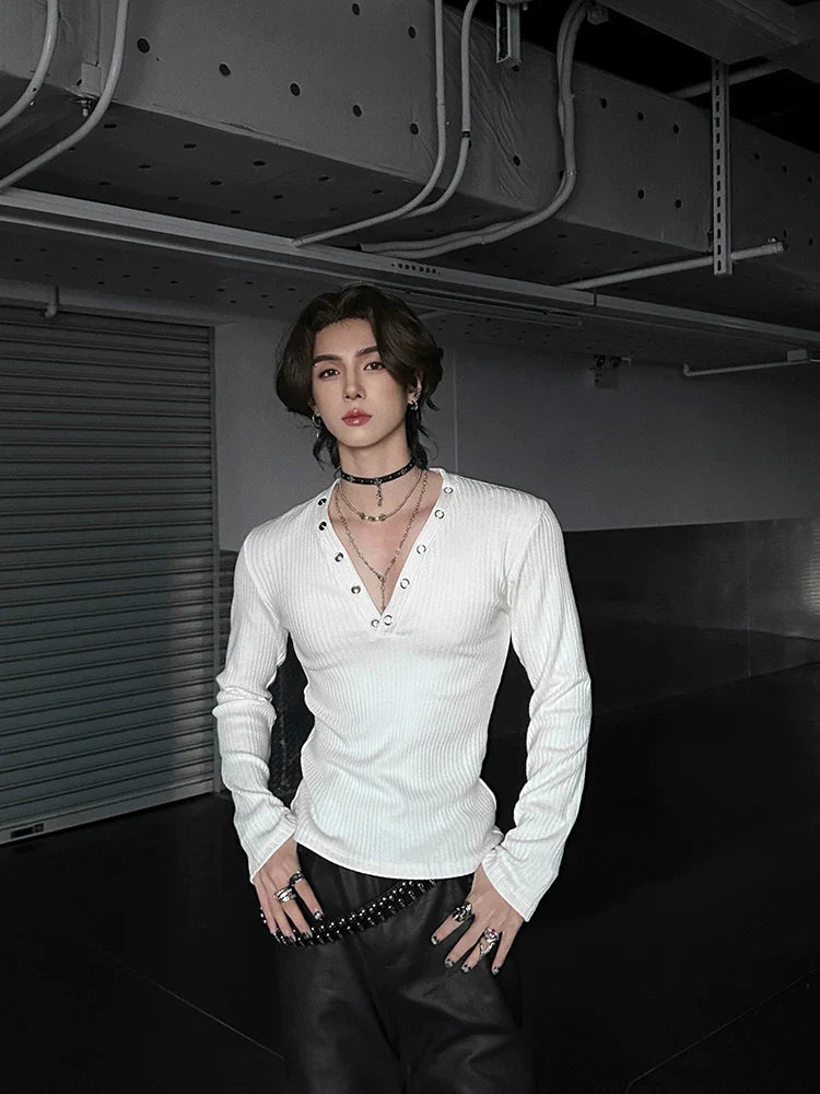 Midnight Rivet Deep V Henley