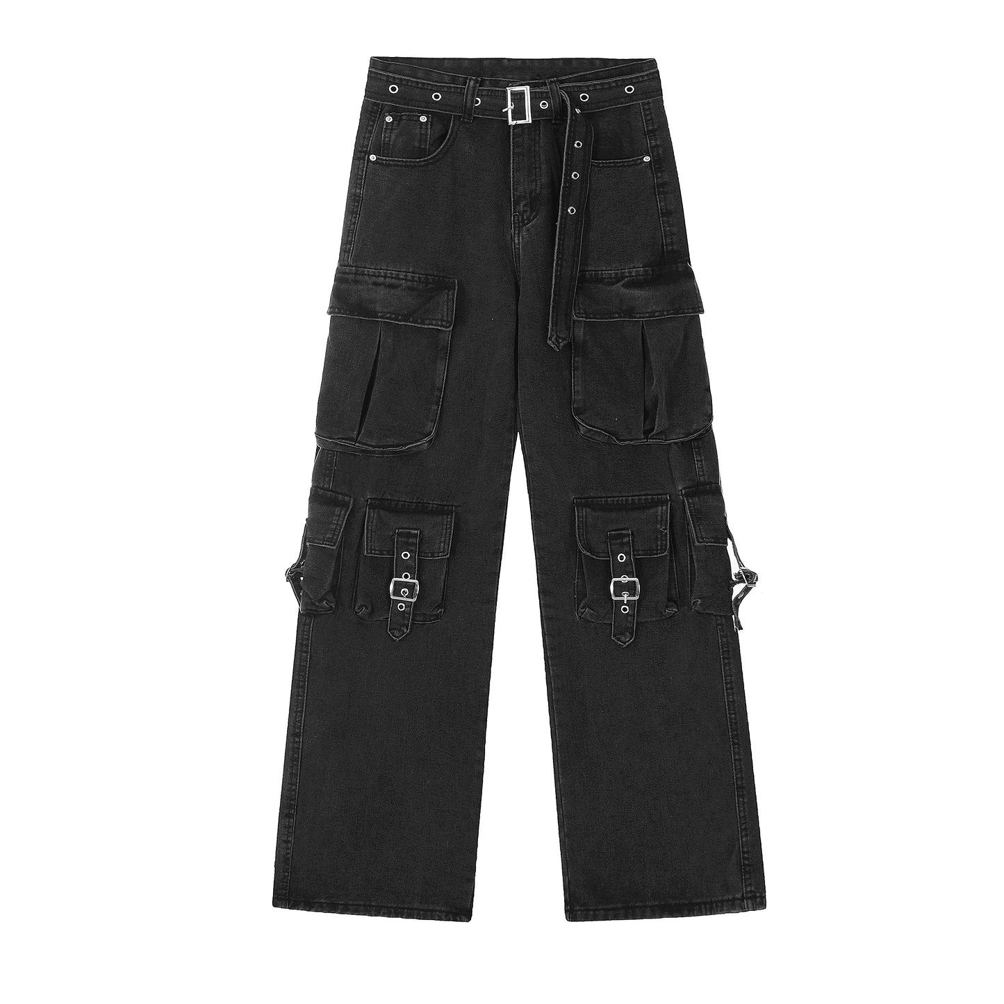 Washed Multi-Pocket Wide-Leg Cargo Jeans