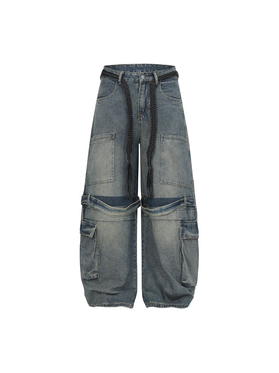 Men's Multi-Pocket Washed Curved Wide-Leg Cargo Jeans