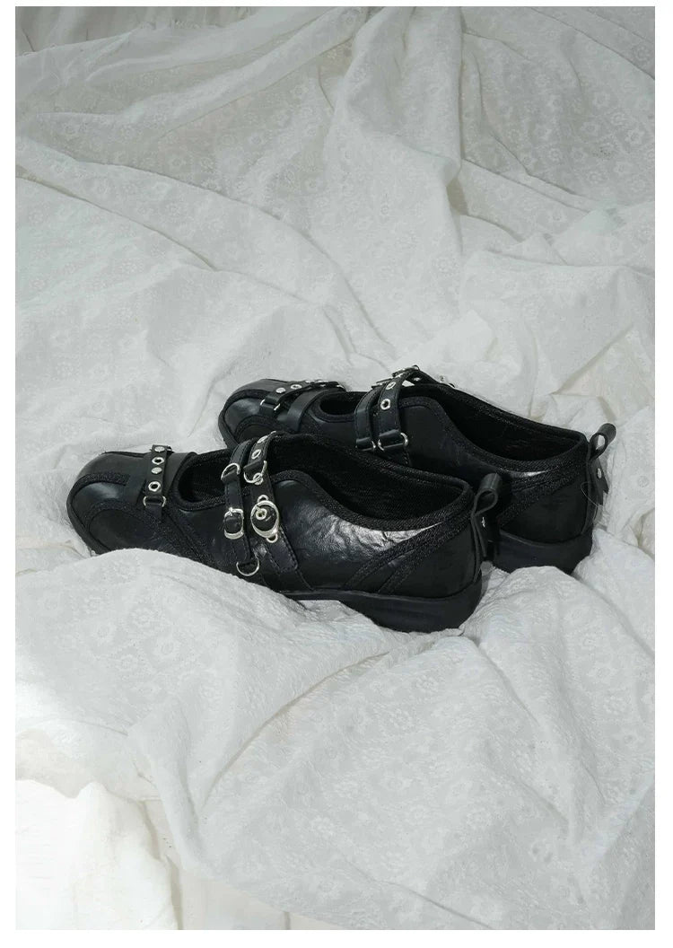 Noir Rivet Harness Flats - Skipkicks