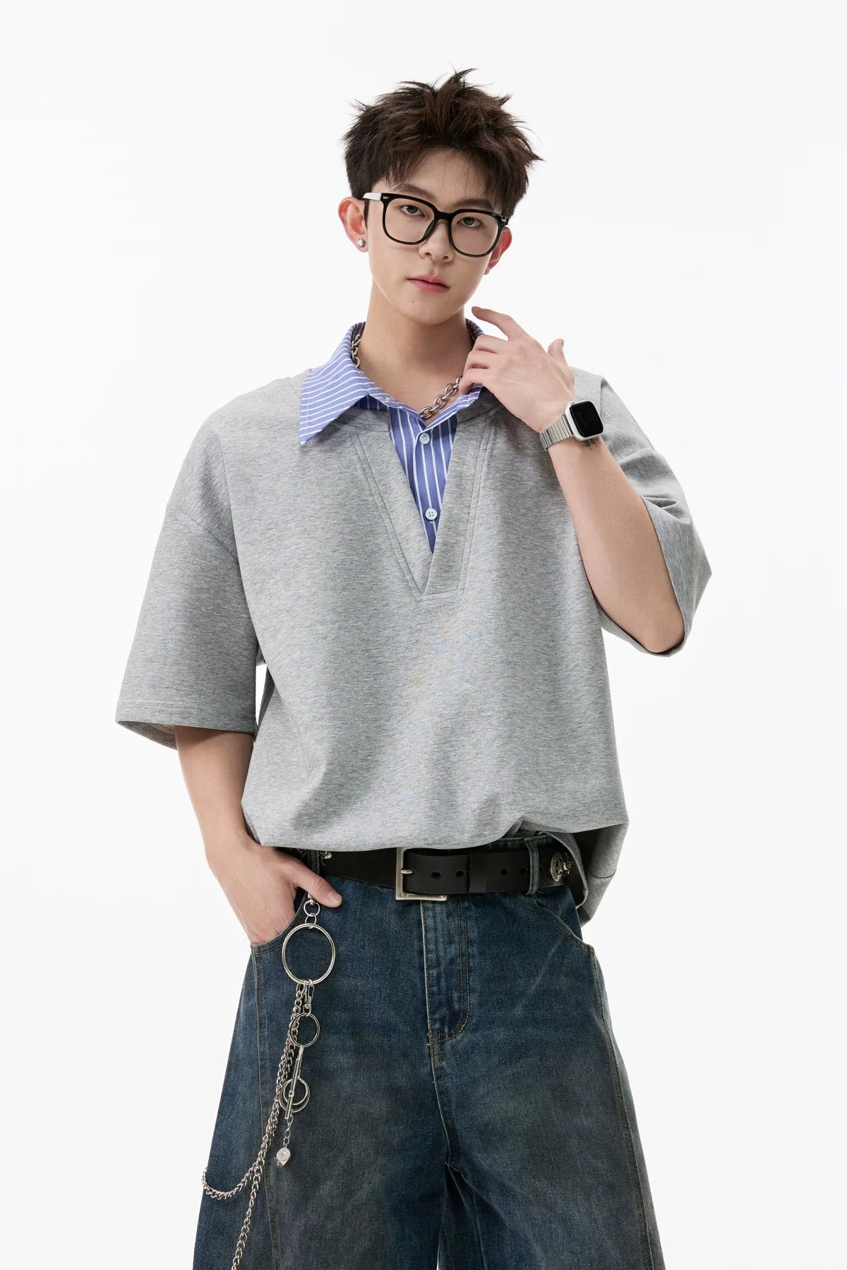 Layered V-Placket Polo Tee