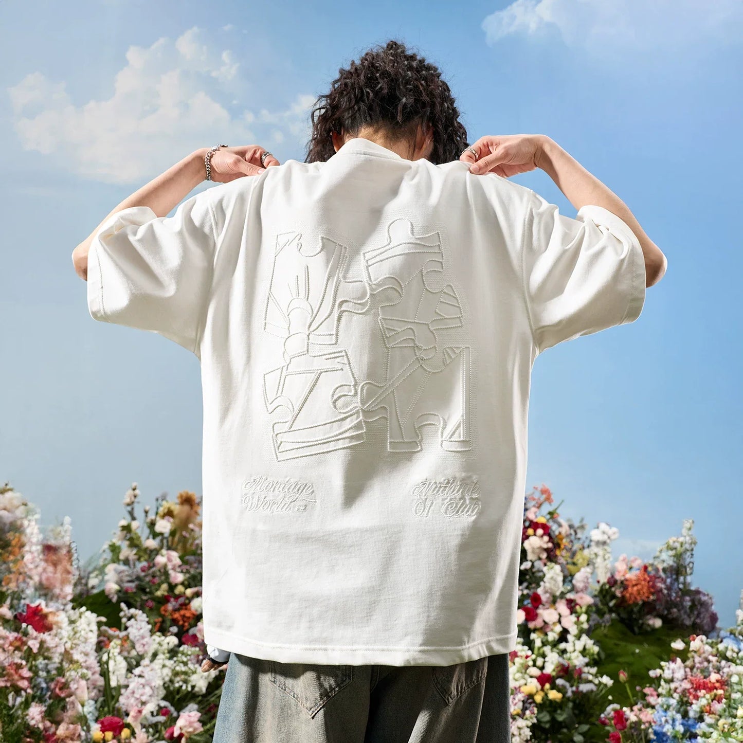 Oversized Embroidered Puzzle Graphic T-Shirt