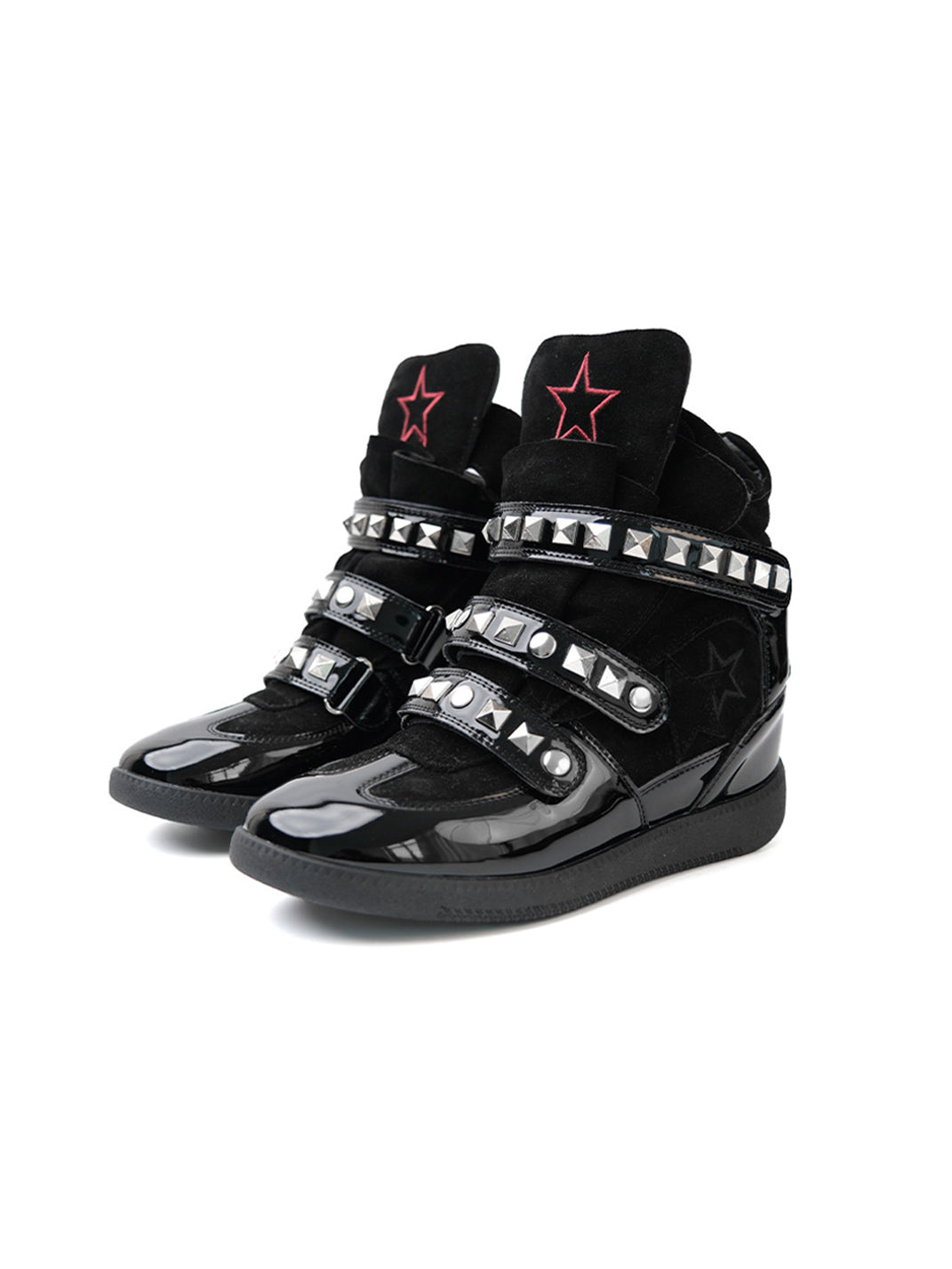 Black Retro Cowhide Wedge Shoes with Studs