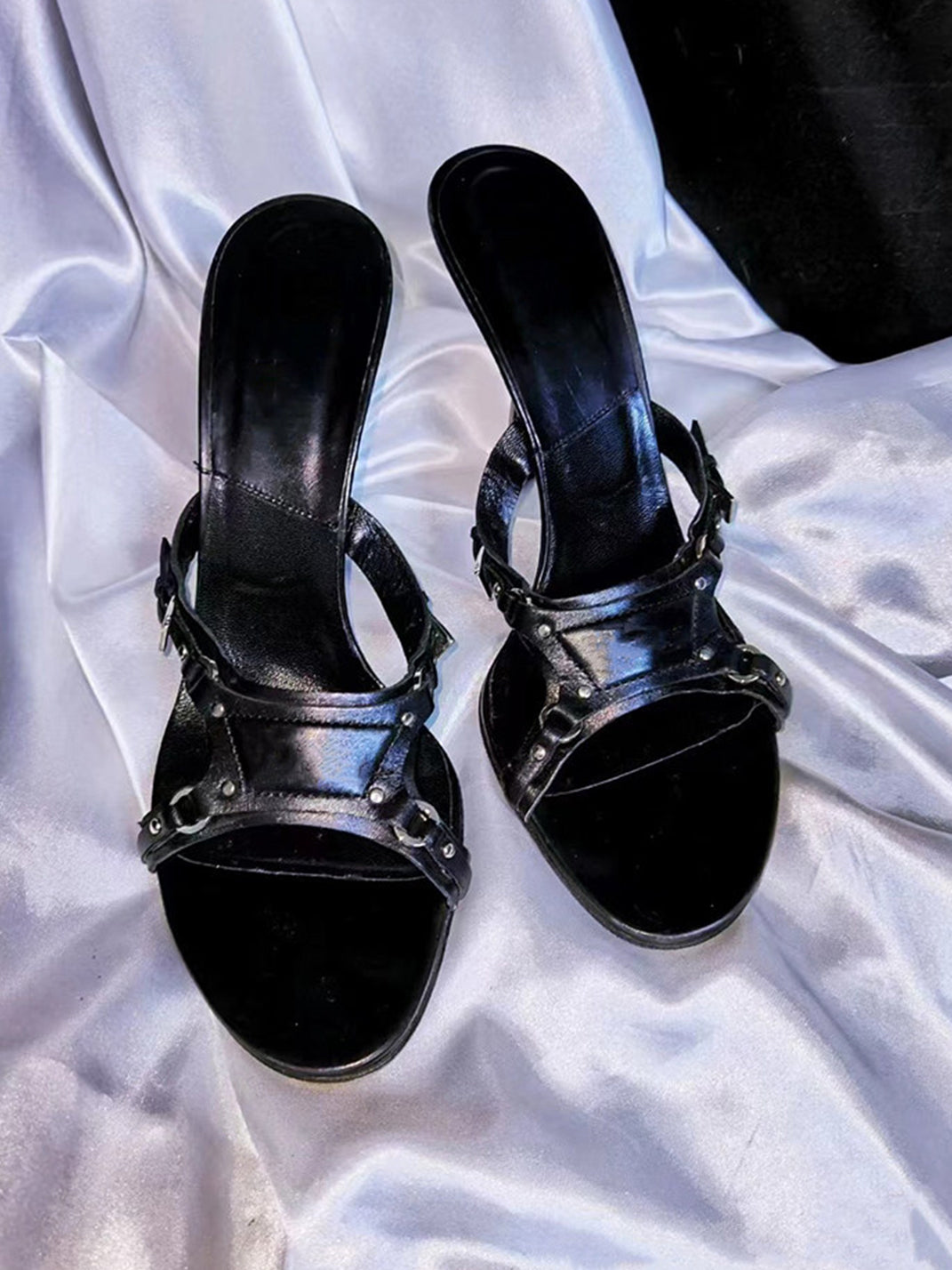 Black Cross-Strap Open-Toe Stiletto Sandals