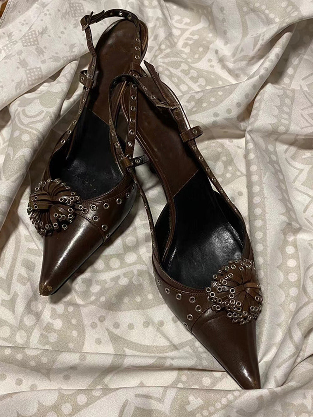 Brown Crystal-Stud Pointed Slingback Heels - Skipkicks