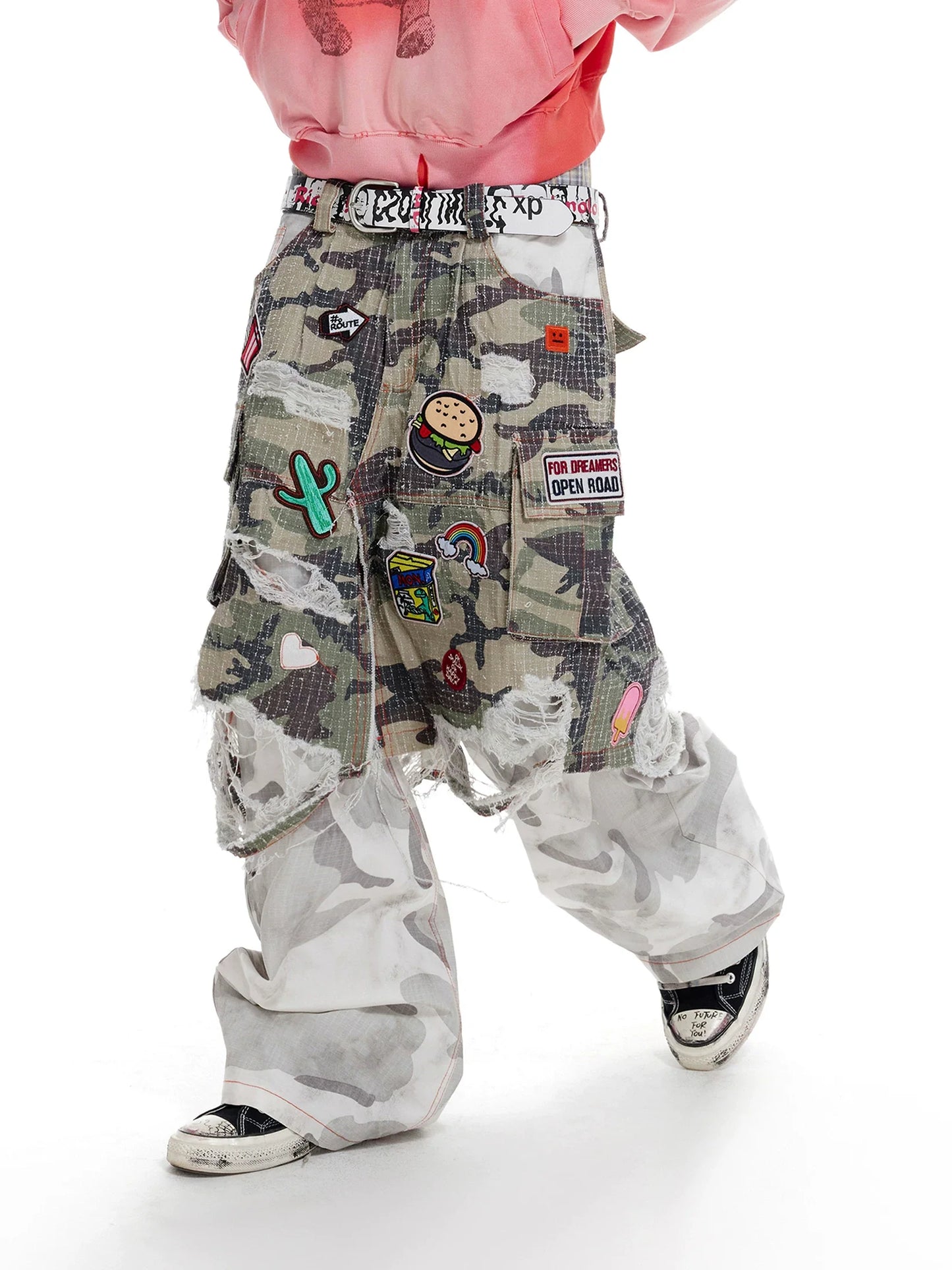 Distressed Patchwork Camo Cargo Pants