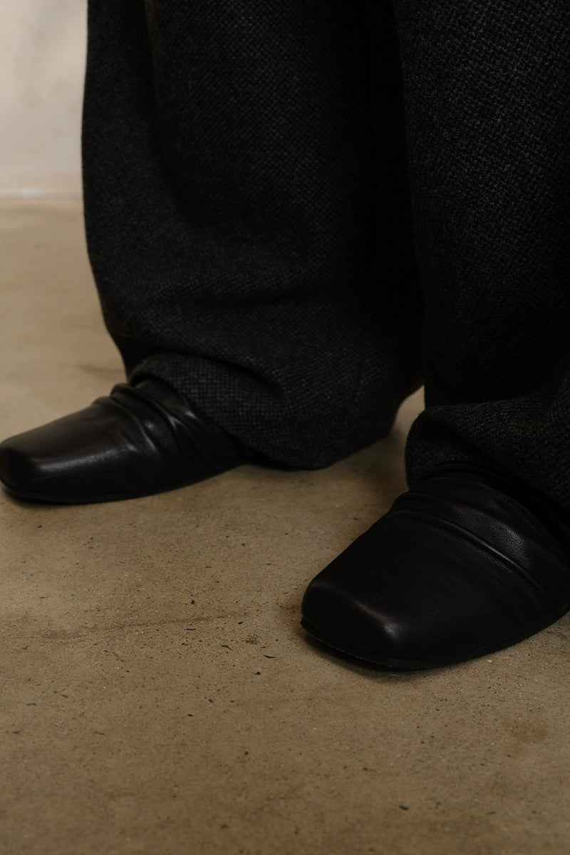 Black Ruched Leather Mules