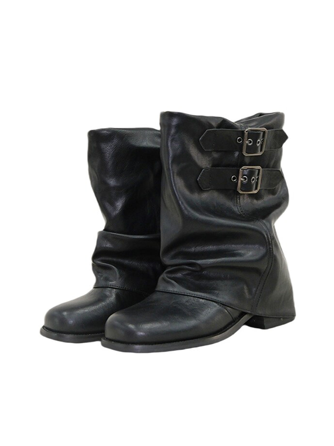 Black Buckled Wrinkle-Shaft Leather Boots - Skipkicks