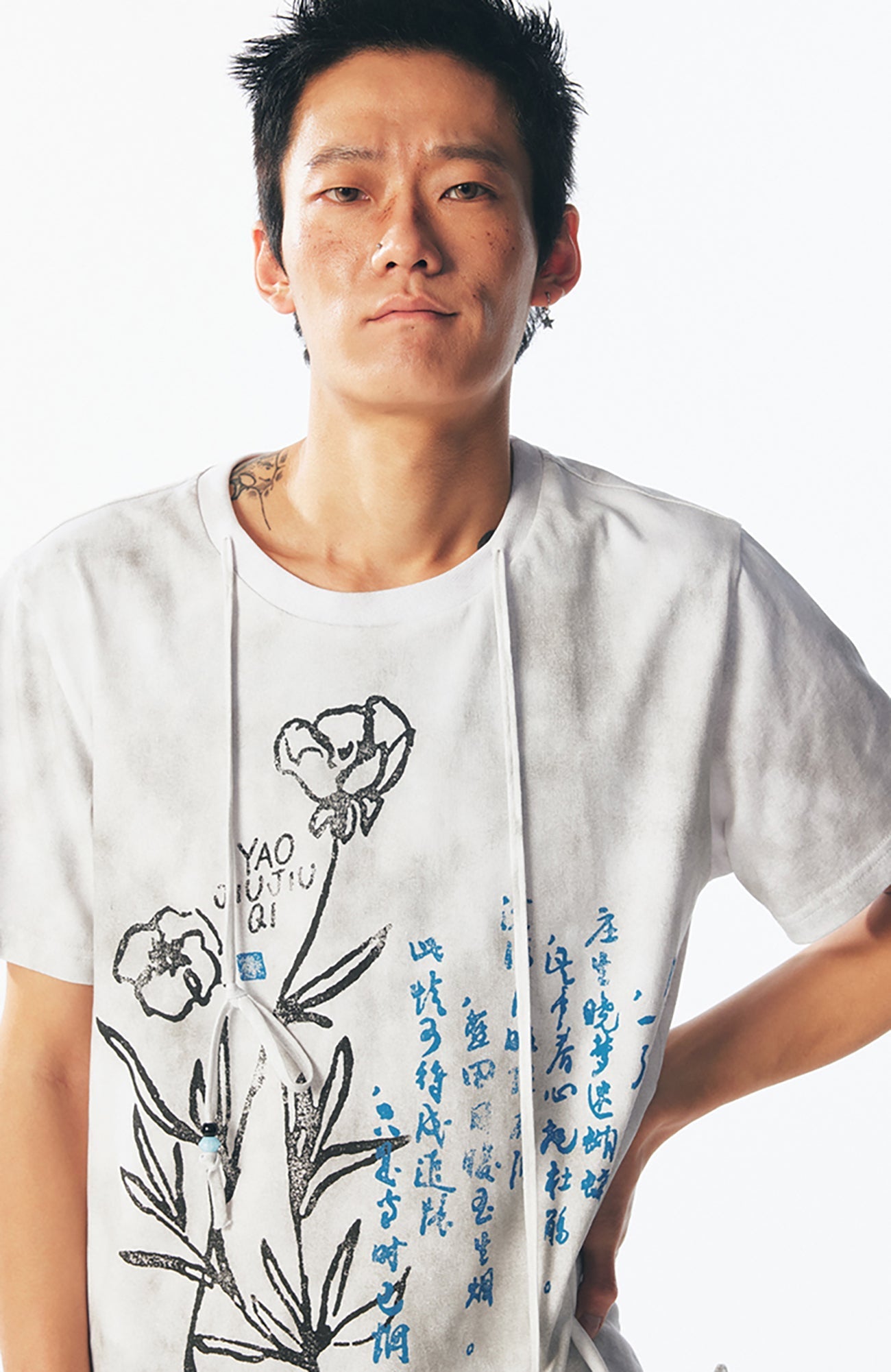Blue Script Floral Cotton Tee