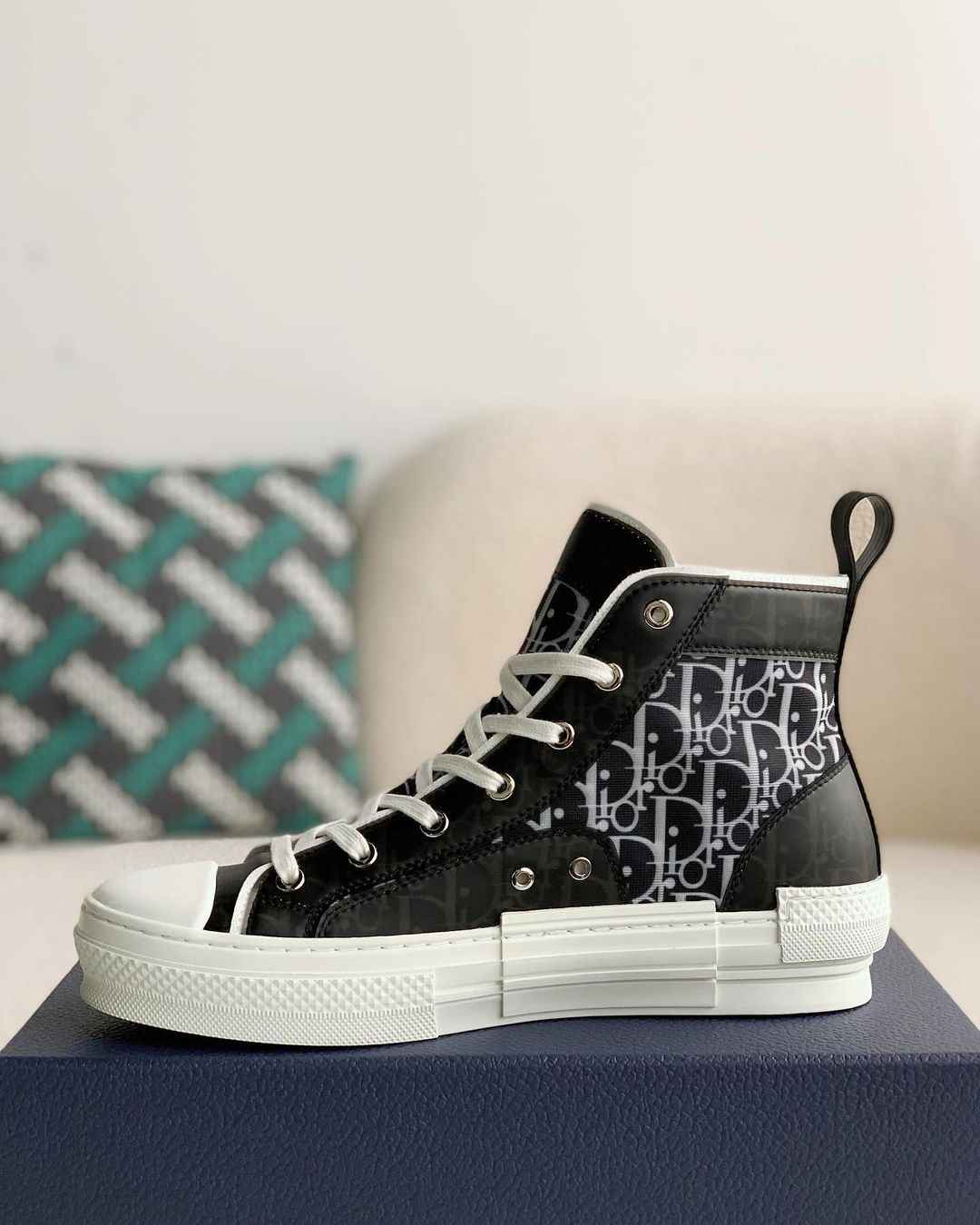 Dior B23 High-Top Sneaker in Black & White Dior Oblique Canvas with Patent Leather Panels