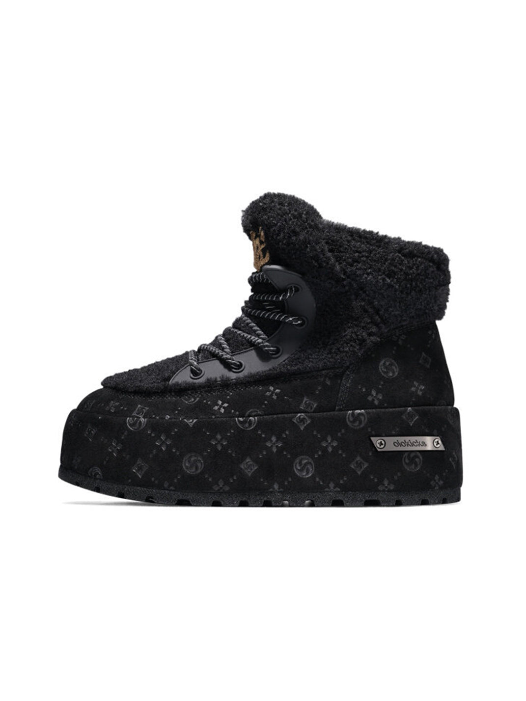Black Monogram Design Faux Fur Platform Boots