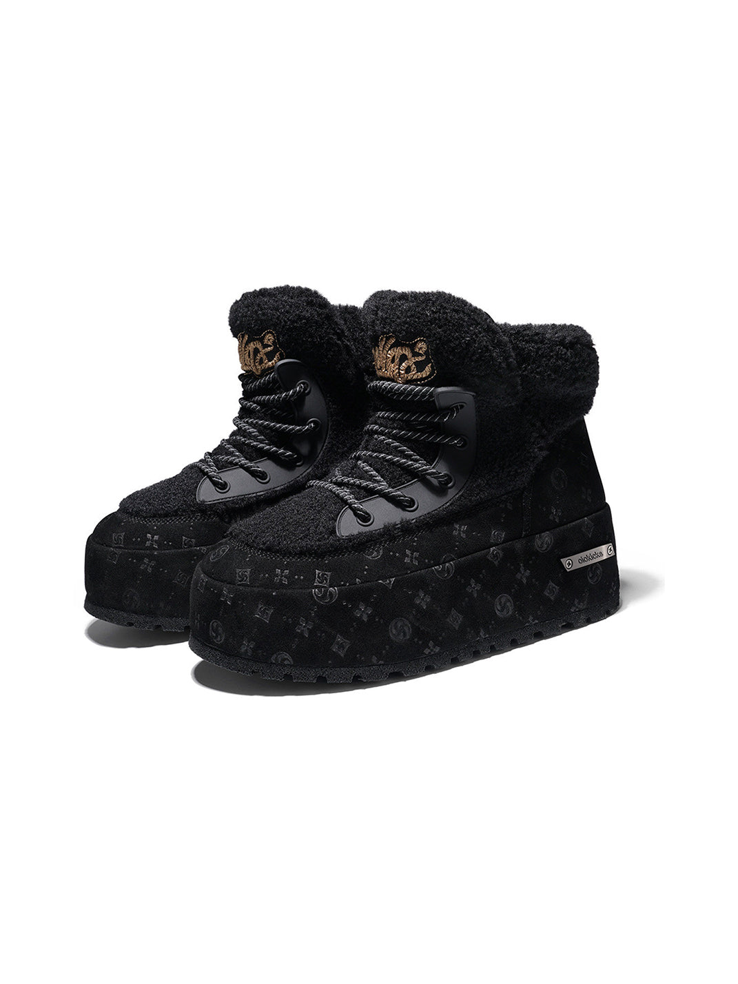 Black Monogram Design Faux Fur Platform Boots