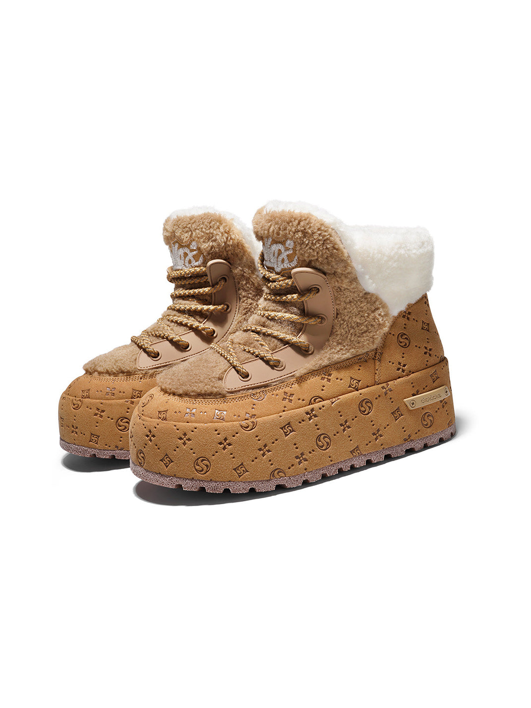 Black Monogram Design Faux Fur Platform Boots