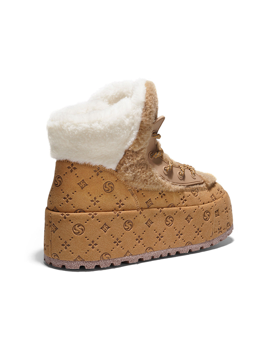Black Monogram Design Faux Fur Platform Boots