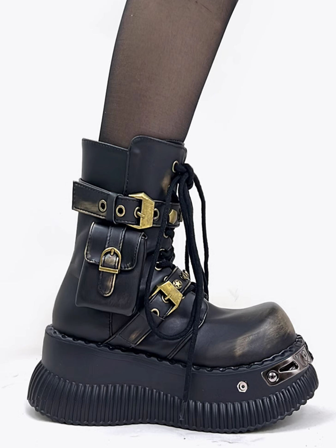 Black Metallic Punk Platform Ankle Boots with Studded Details