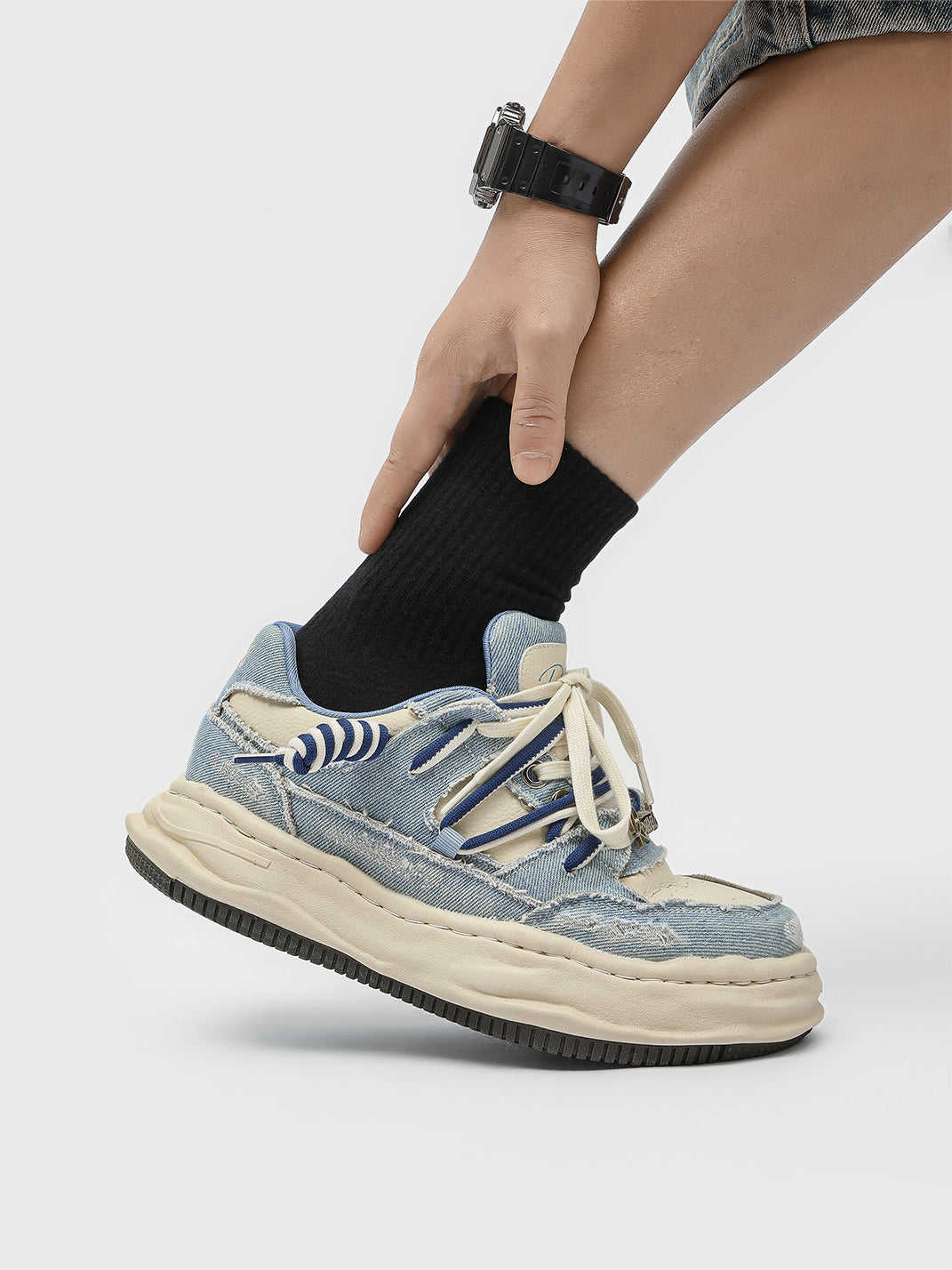 Washed Denim Dual-Lace Sneakers - Skipkicks