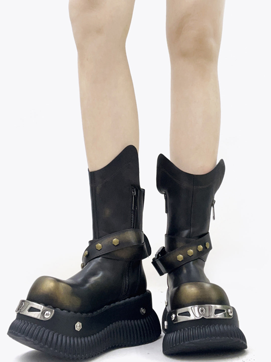 Black Punk Platform Ankle Boots with Round Toe