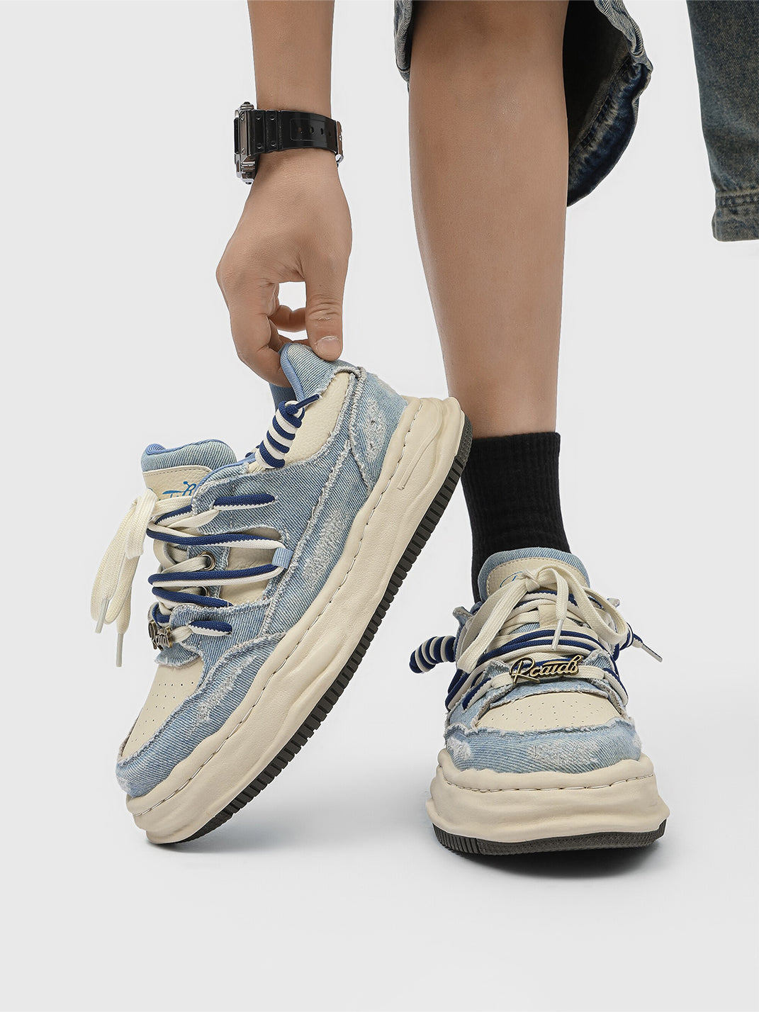 Washed Denim Dual-Lace Sneakers - Skipkicks