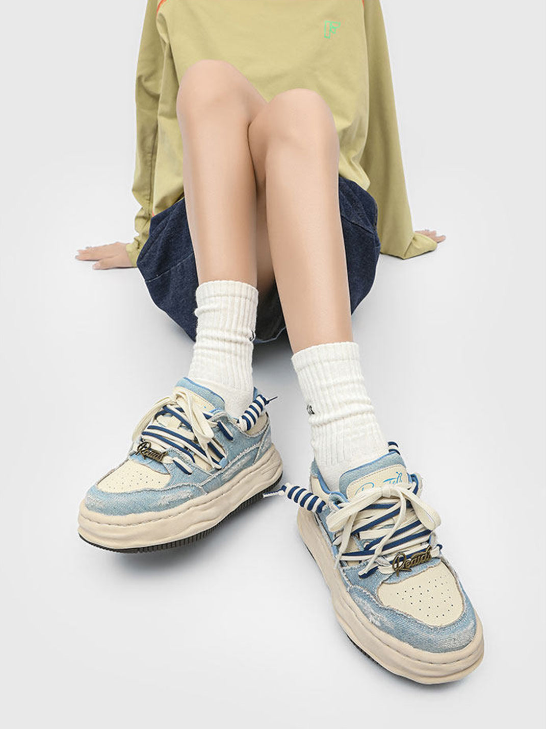 Washed Denim Dual-Lace Sneakers - Skipkicks