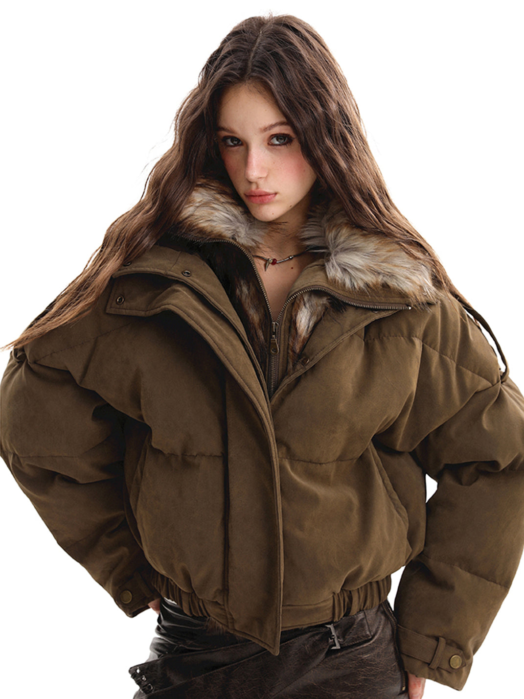 Deconstructed Cargo Puffer Jacket with Faux-Fur Collar