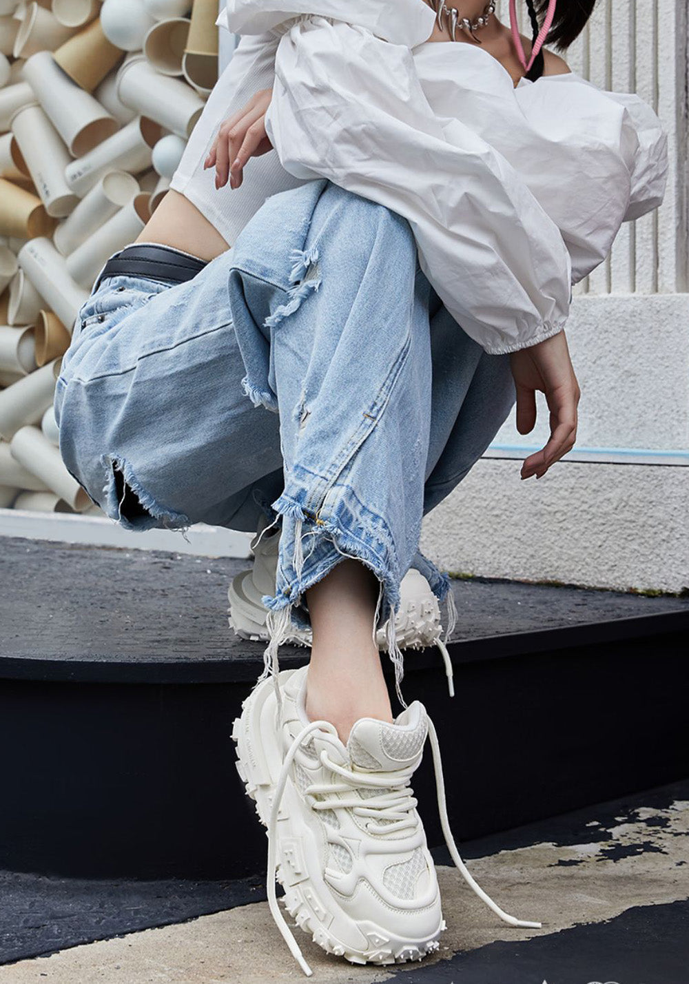 White Hollow Leather Chunky Sneakers - Skipkicks