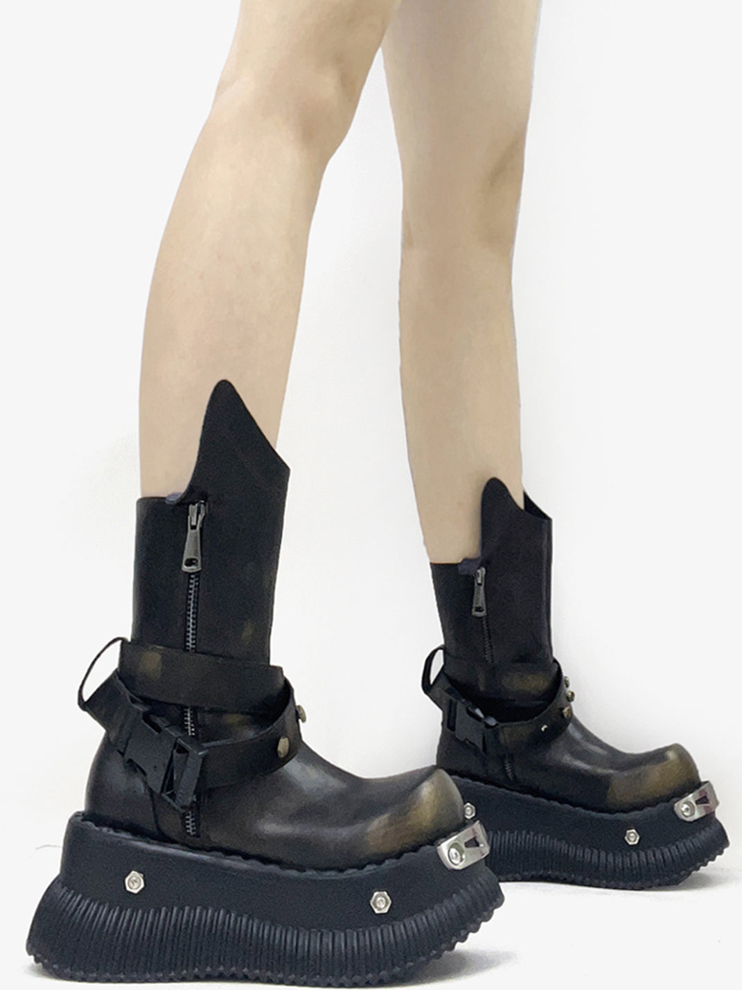 Black Punk Platform Ankle Boots with Round Toe