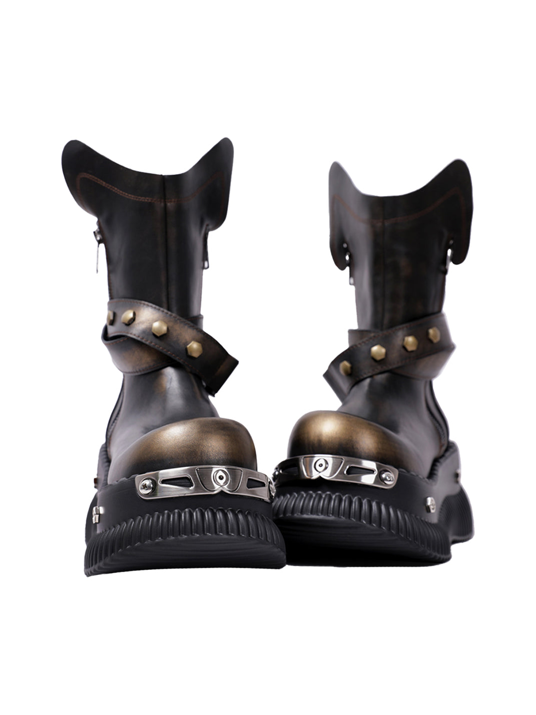 Black Punk Platform Ankle Boots with Round Toe