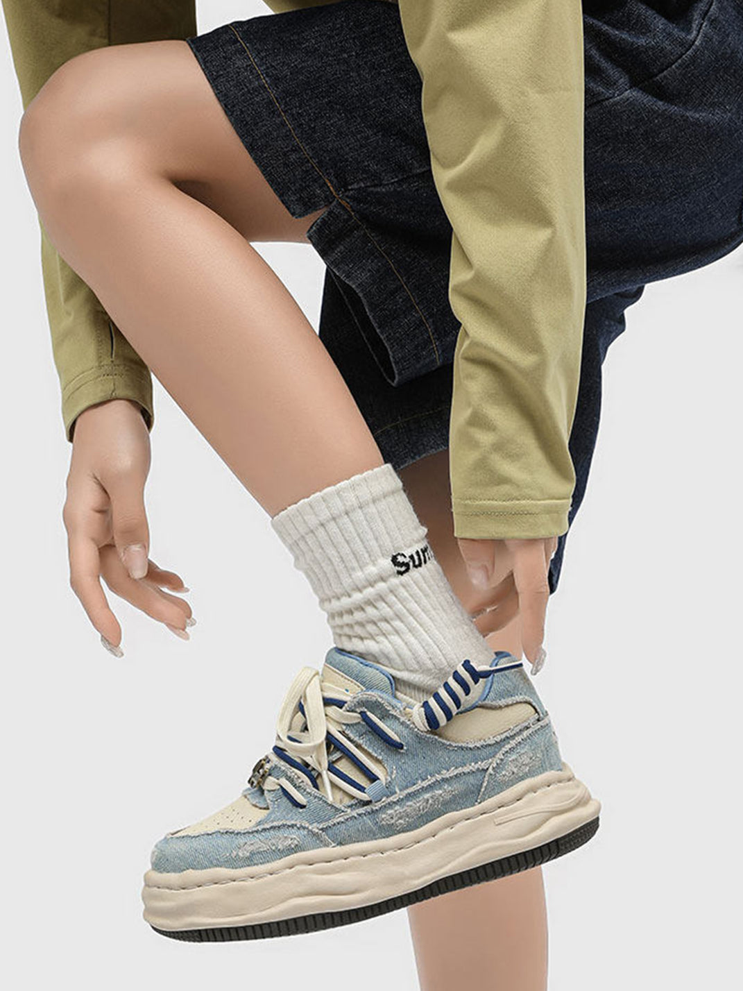 Washed Denim Dual-Lace Sneakers - Skipkicks
