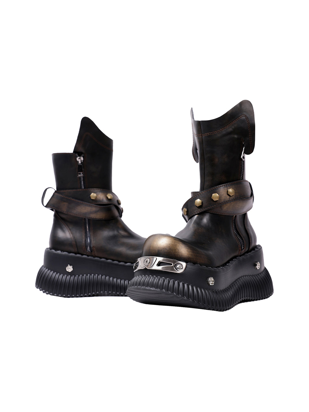 Black Punk Platform Ankle Boots with Round Toe