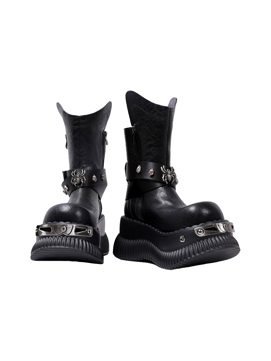 Black Punk Platform Ankle Boots with Metal Strap Detail
