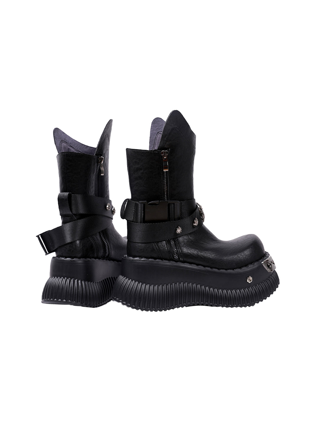 Black Punk Platform Ankle Boots with Metal Strap Detail
