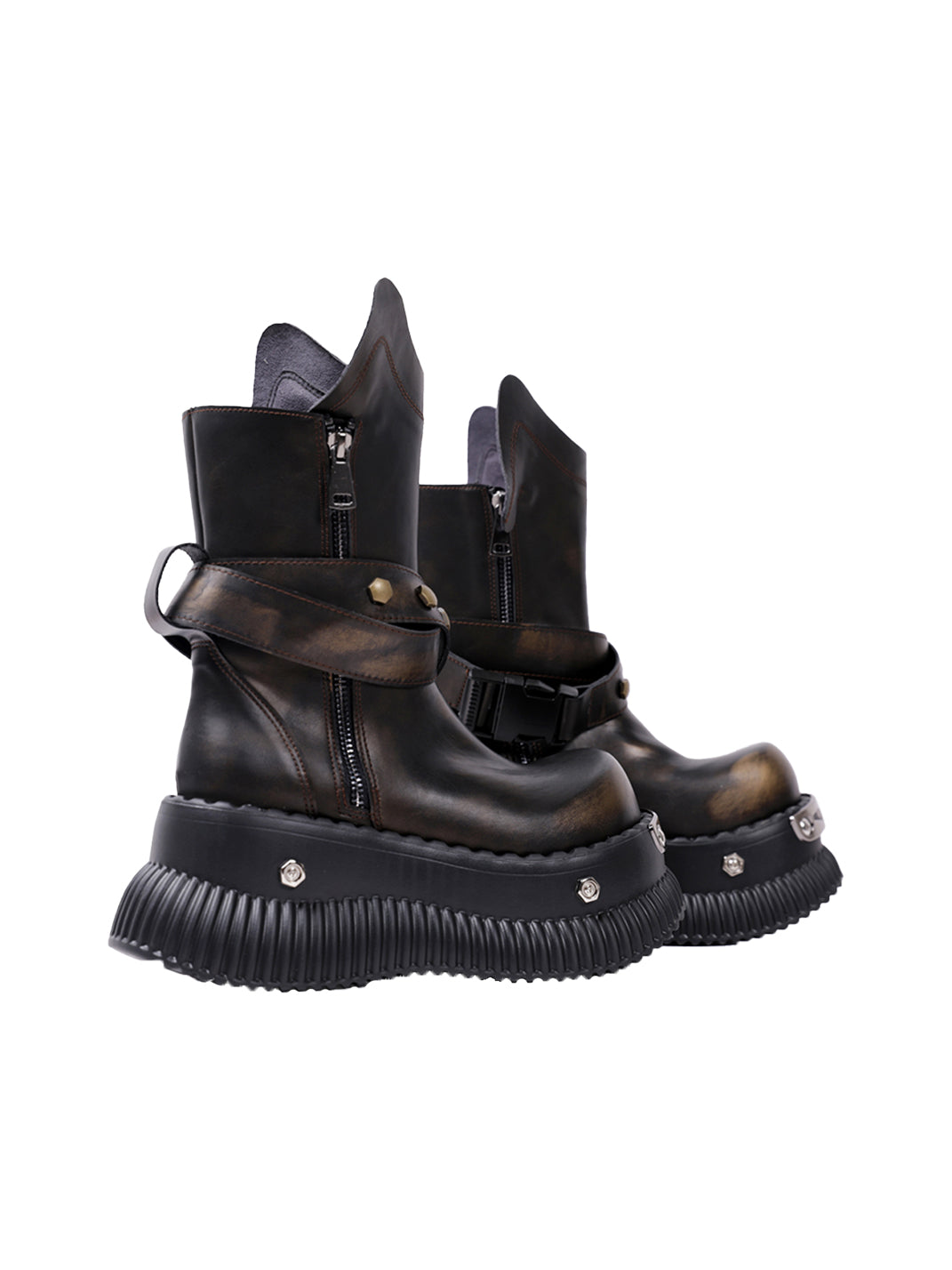 Black Punk Platform Ankle Boots with Round Toe