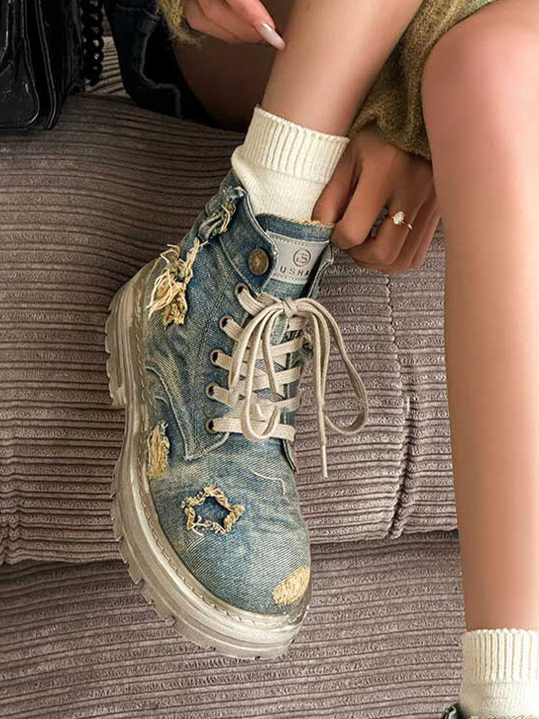 Denim Ripped Platform Boots with Ribbons - Skipkicks
