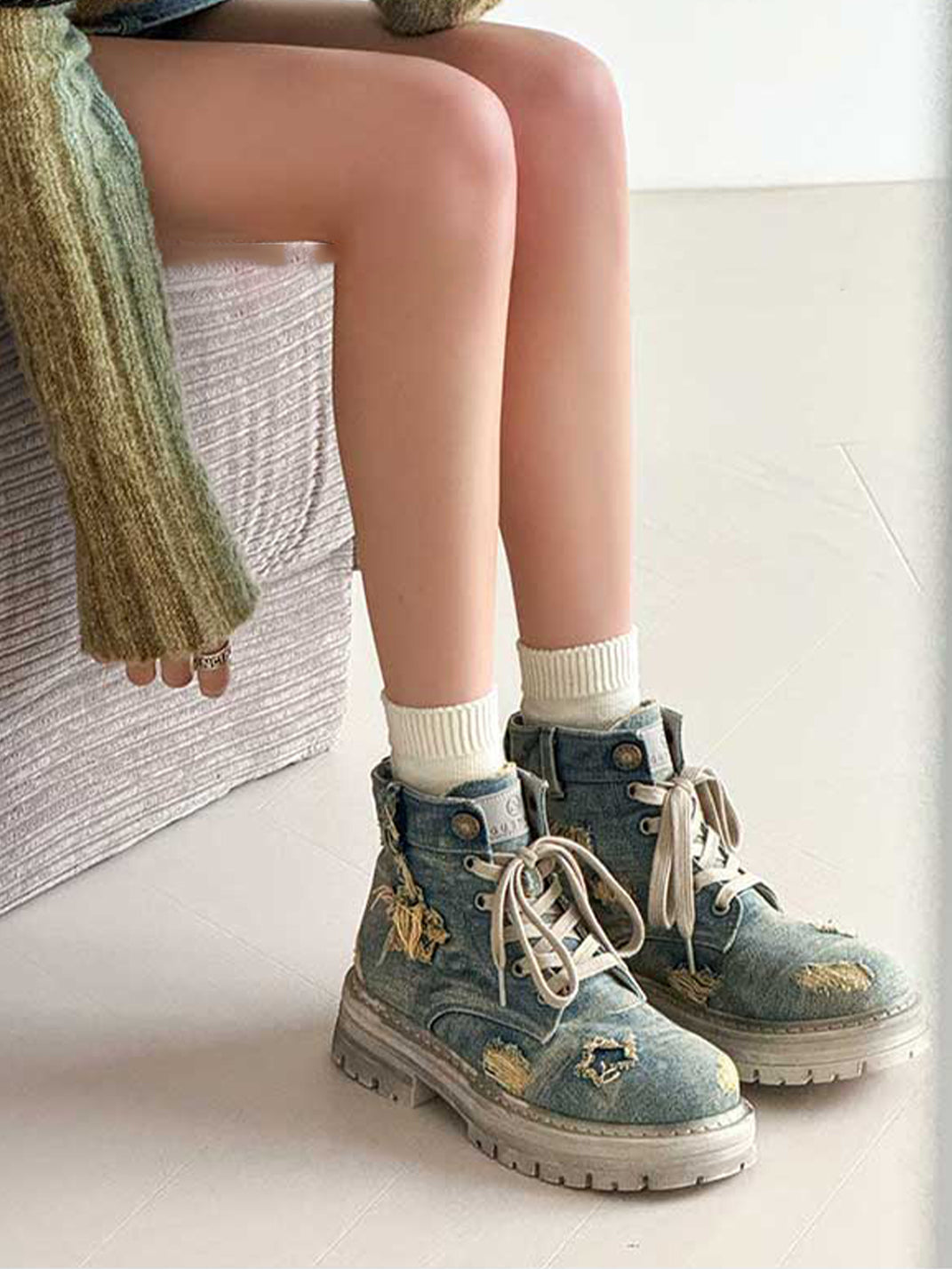 Denim Ripped Platform Boots with Ribbons - Skipkicks